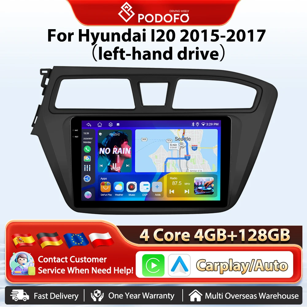 Autoradio Podofo 9'' con Carplay Wireless e Android Auto per Hyundai I20 2015-2017 (lato sinistro), GPS, navigazione, BT, FM/RDS, 2din, sistemi intelligenti per auto, unità principale Plug&Play, SWC,