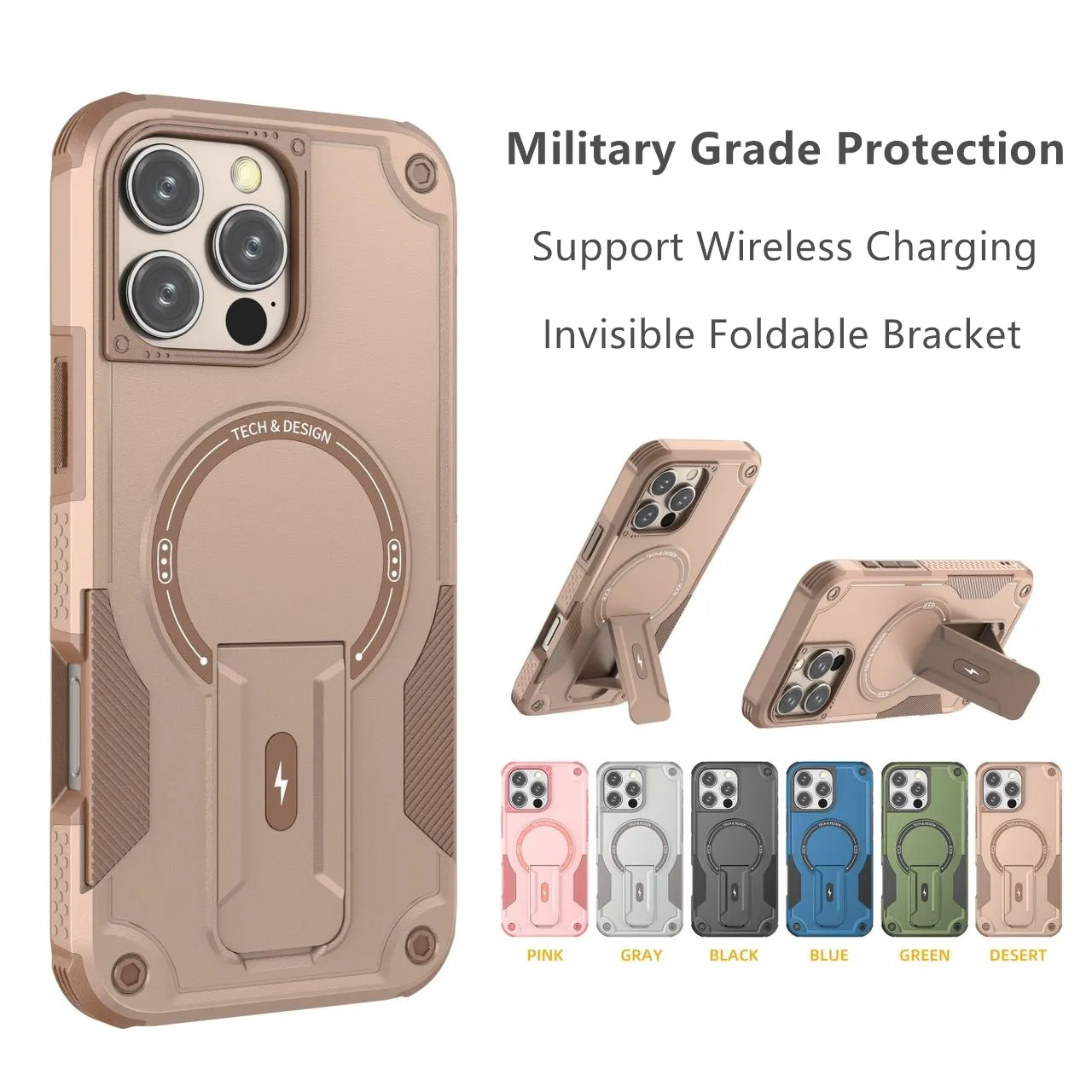 

Military Grade Drop Protection Invisible Bracket Magnegic Stand Case for iPhone 16 Pro Max 12 13 14 Pro 15 Plus Defender Cover