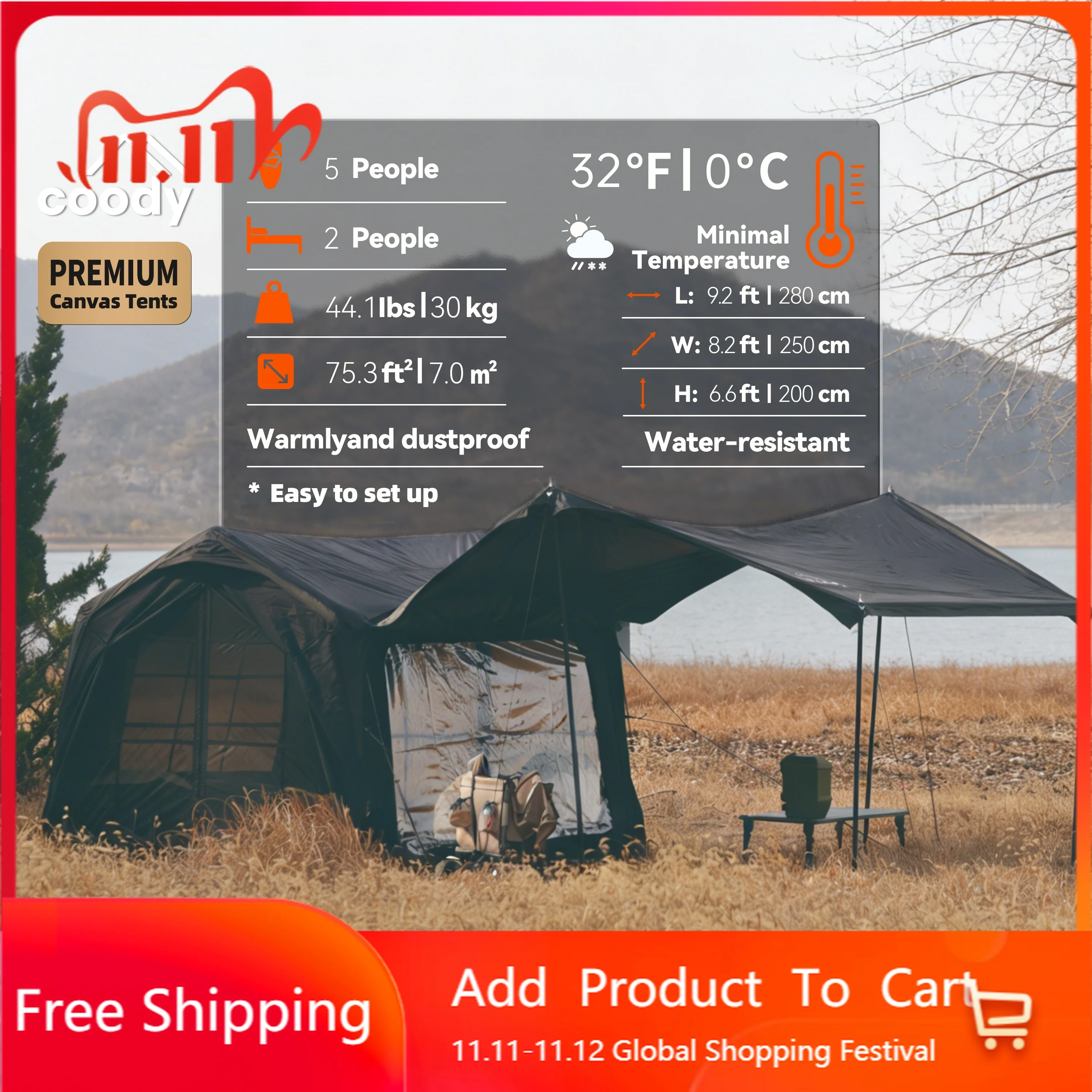 Black Coody 7.0 Air Tent Large Capacity Wholesale Family Camping Inflatable Tent