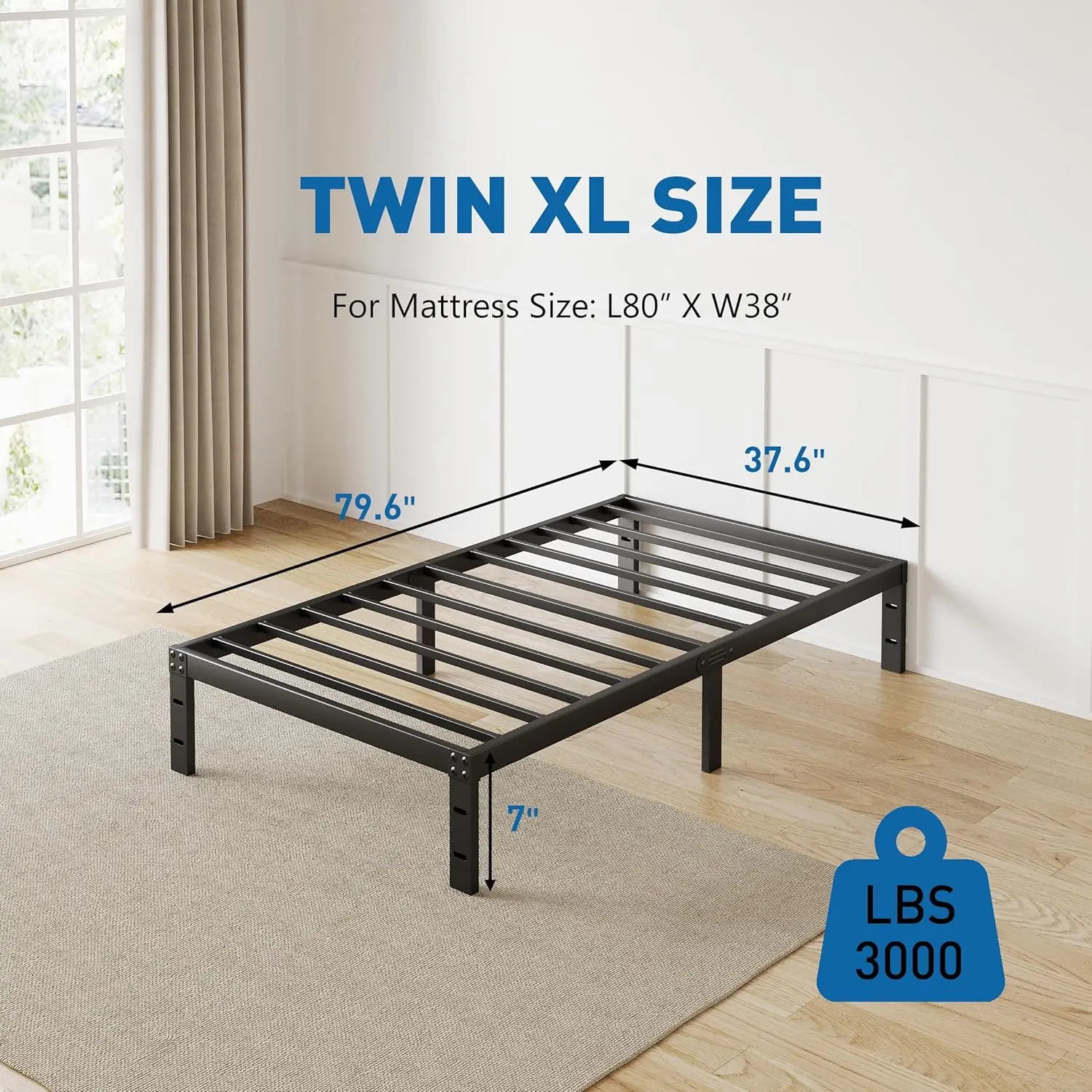 

7-H Low Bed Frame Twin Xl Size With Led Night Light, Metal Platform Twin Xl Bed Frame, No Box Spring Ned, Easy Assembly, Heavy