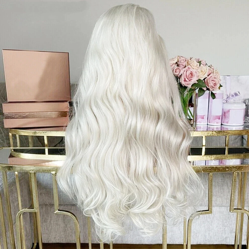 MXWIGS Body Wave Platinum Blonde  Synthetic Lace Front Wigs with Free Part Natural Hairline Long Wavy Wigs Daily Use Wigs