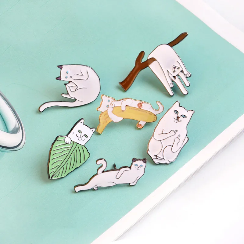 White Cat Enamel Pins Custom Middle Finger Lazy Cat Animal Brooch Clothes Lapel Pin Metal Badge Cartoon Jewelry Gift Wholesale 