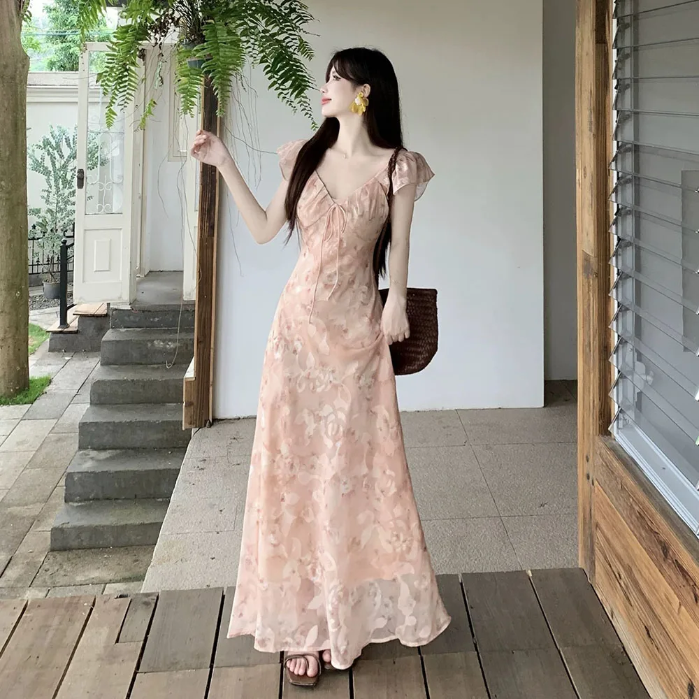 Women's Floral Print Ruffle Sleeve Maxi Dress 2026 New V Neck Sexy Chic Dresses Y2K Flowy Chiffon Casual Bohemia Dress Summer