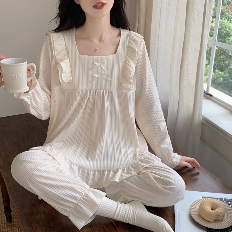 2025 Autumn Long Sleeve Sweet Princess Cotton Pajama Sets for Women Korean Sleepwear Pyjama Homewear Pijama Mujer Home Clothes
