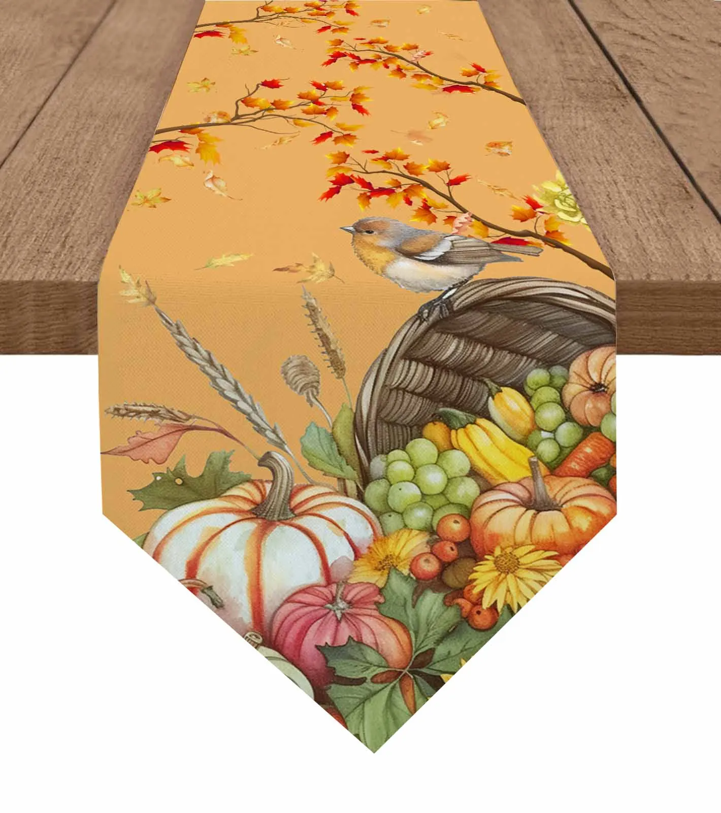 Autumn Pumpkin Maple Leaf Grapes Robin Table Runner Holiday Party Tablecloth Kitchen Dining Table Runners Wedding Decorations