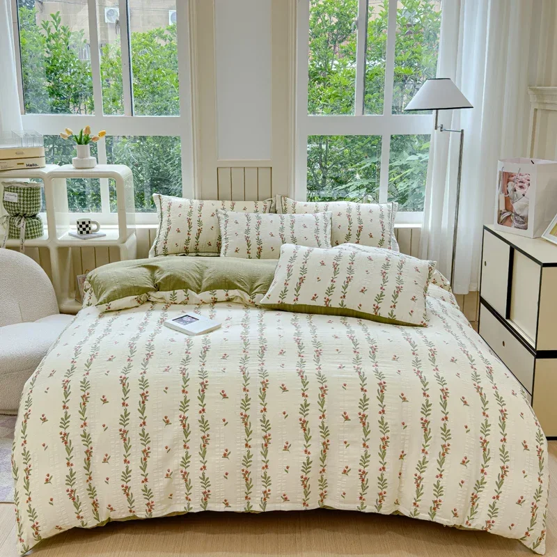 Botanical Floral Duvet Cover Queen King Garden Wildflowers Green Leaves Comforter Cover 4 Pcs Reversible Farmhouse Bedding Set