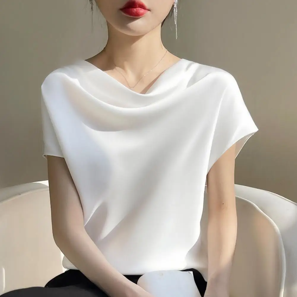 Commuting Blouse Elegant Women's Summer Satin Blouses Piled Collar Tank Tops Short Sleeve Solid Shirts Casual for Streetwear