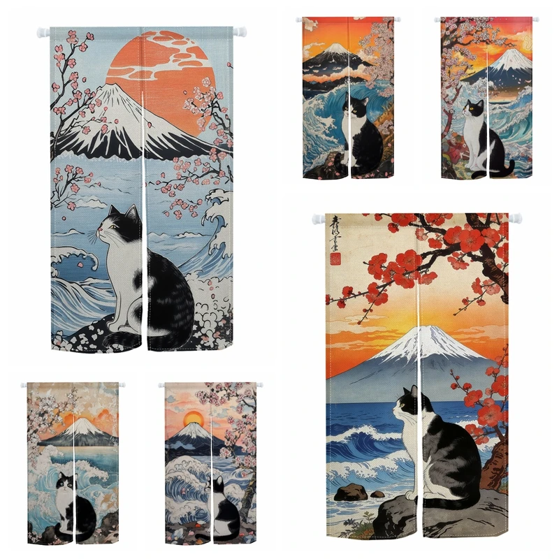 Cortinas de Porta Japonesas Ukiyo Noren com Padrão de Gato Fofo, Monte Fuji, Cerejeira e Ondas, Cortina de Linho para Porta, Divisória de Ambiente, Cortina Dividida em Metade