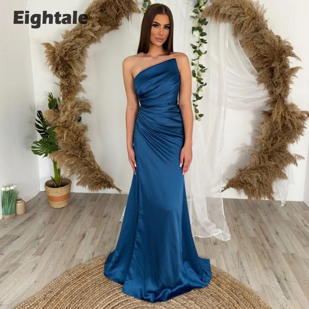 

Eightale Vintage Evening Dress for Wedding Party One Shoulder Pleats Mermaid Satin Simple Prom Gowns Robes De Soirée