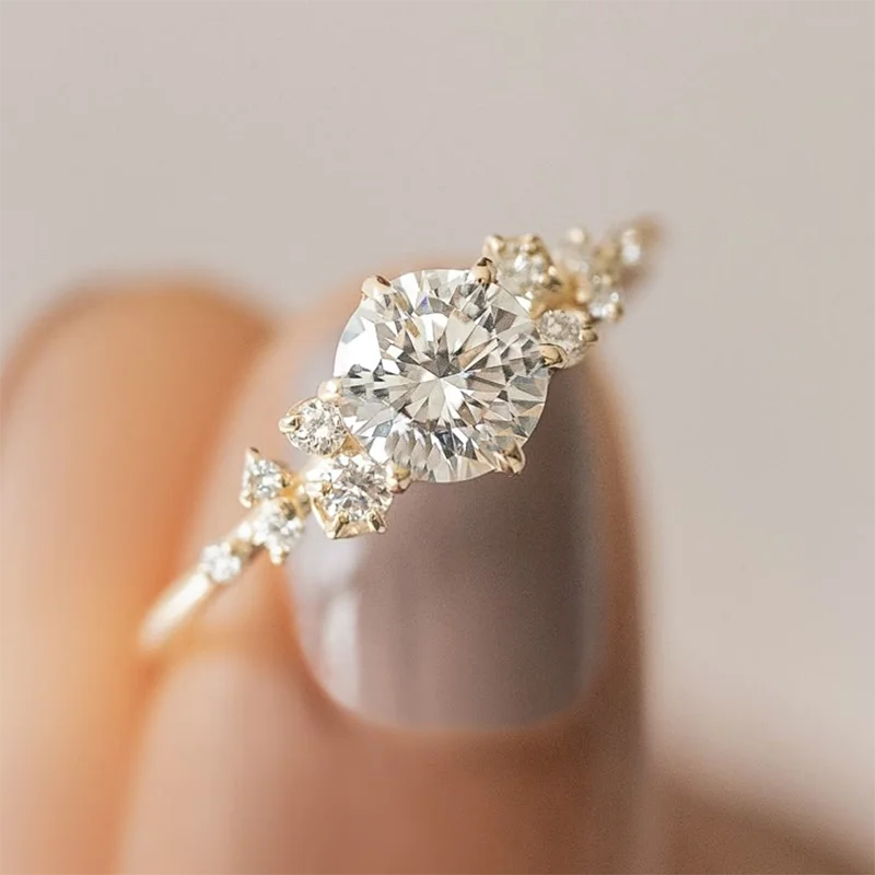 Round Cut 1ct-3ct Moissanite Engagement Ring for Woman Girl 925 Sterling Silver Gold Plated Zircon Cluster Gift with Certificate