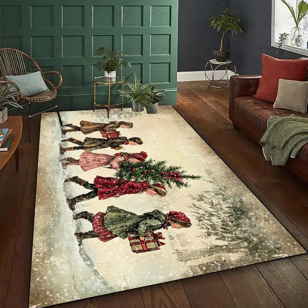 1pc Vintage Christmas Kids Carrying Tree Printed Area Rug, 2D Flat Print, Indoor Floor Mat for Living Room, Xmas Home Decor