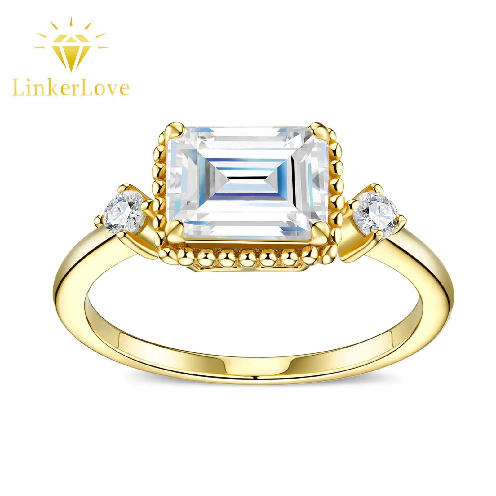 

LinkerLove 925 Silver Gold Plated 2CT Moissanite Engagement Ring for Women Emerald Cut Diamond Ring with 2.5mm Round Side Stones
