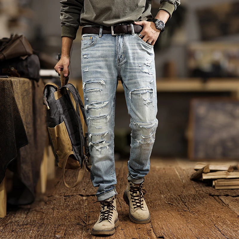 Spring Light Blue Ripped Hole Denim Jeans Men's American High Street Beggar Pants Retro Washed Slim Fit Small Leg Pants Handsome