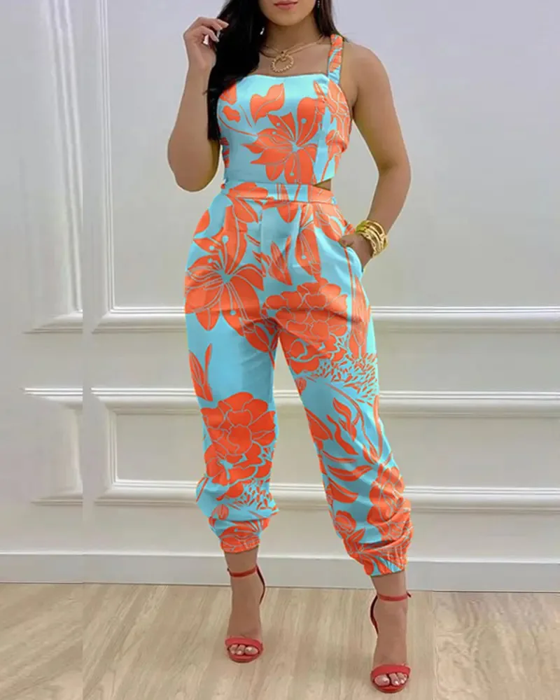 Elegant Women\'s jumpsuit 2024 Summer Fashion Strap Hollow Sexy Off waist Printed jumpsuit