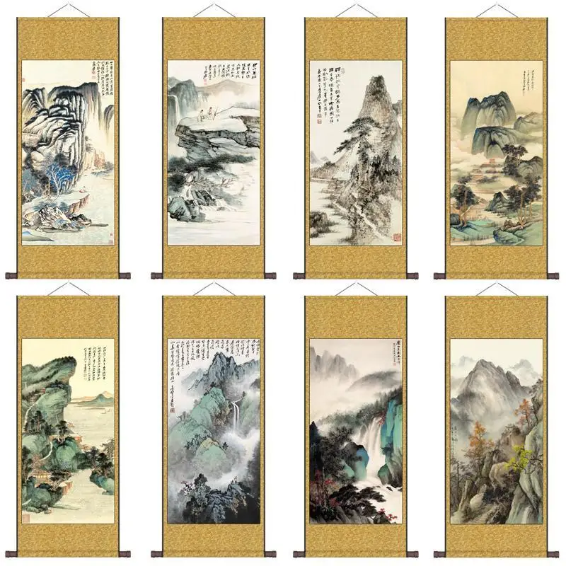 Bamboo Raft Calligraphy and Painting Landscape Lushan Waterfall Hanging Painting Ink Landscape Painting Poster Canvas