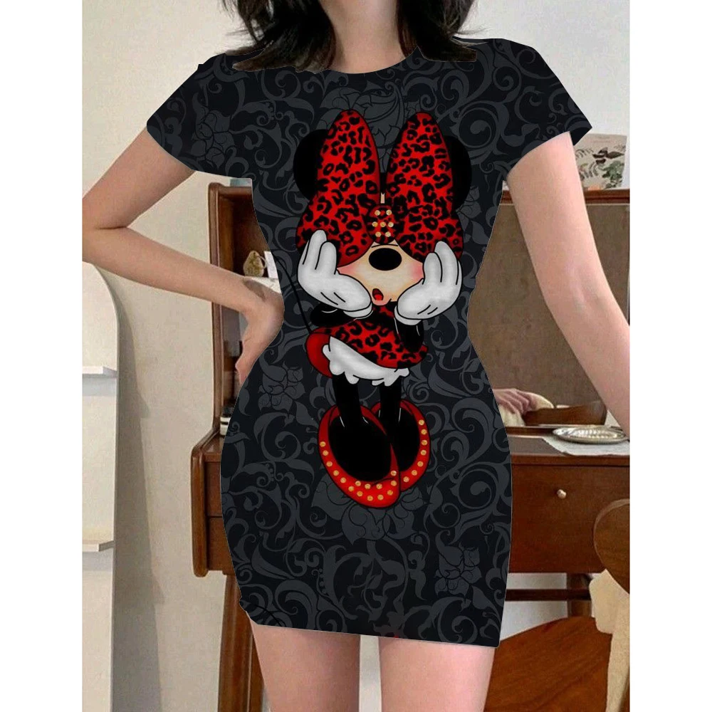 Disney Minnie Mouse Sexy Cut Out Club Party Mini Dresses for Women Elegant Bodycon Skinny Mini Dress Summer Tight Short Outfits