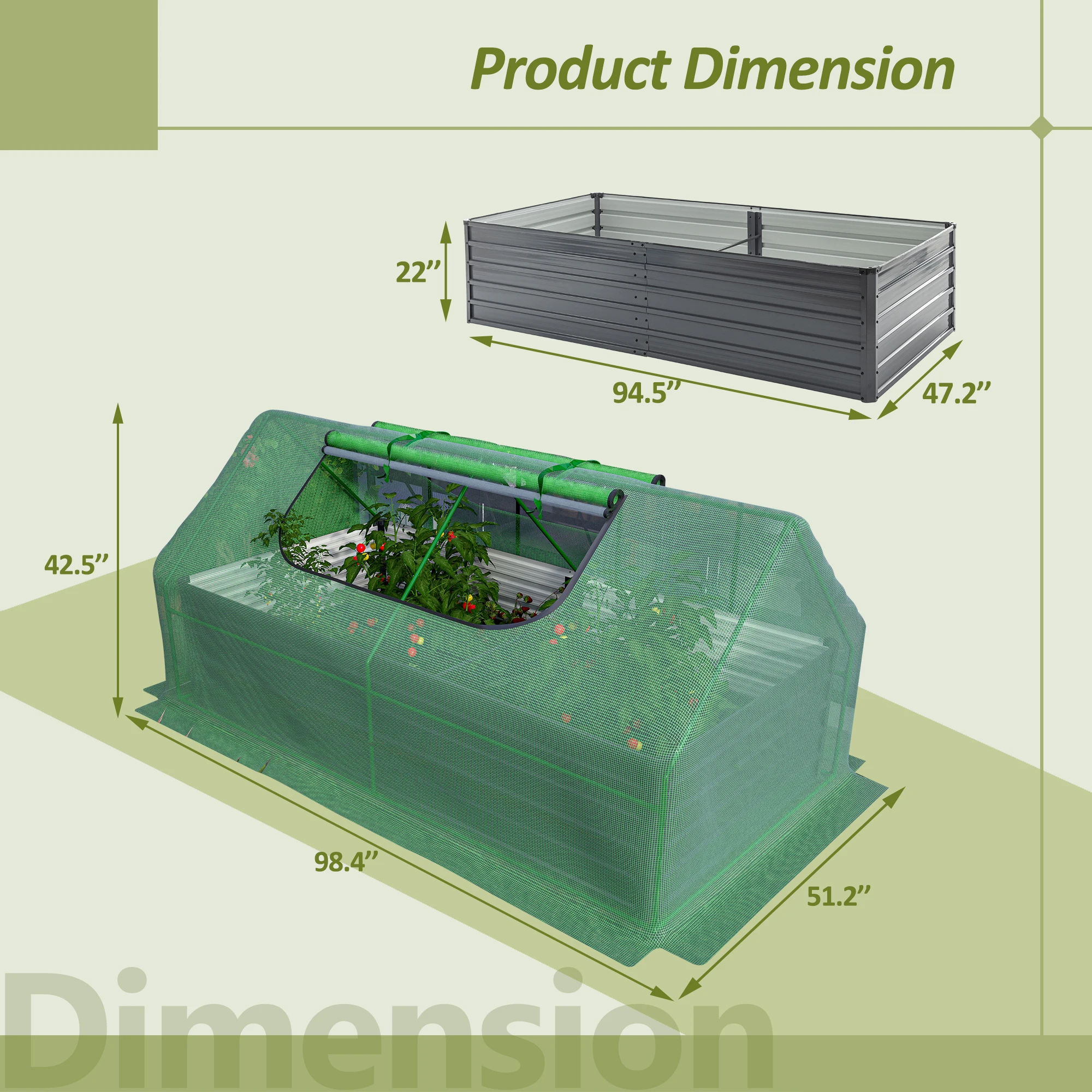 LZBEITEM 8x4x2ft Galvanized Raised Garden Bed with Cover Metal Planter Box Kit, w/ 2 Large Screen Windows Mini Greenhouse