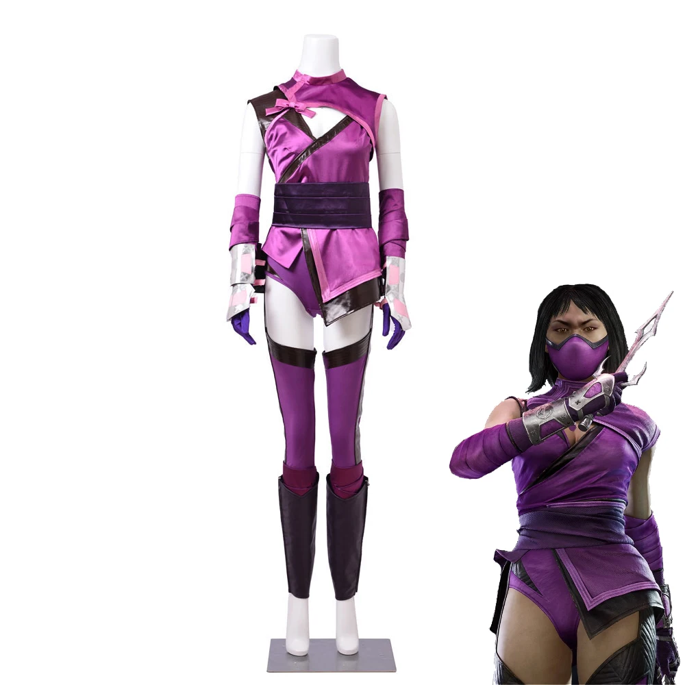 متوفر في المخزون أزياء مورتال ميلينا كومبات التأثيرية للنساء ملابس أرجوانية وسراويل علوية زي حفلات الهالوين كرنفال