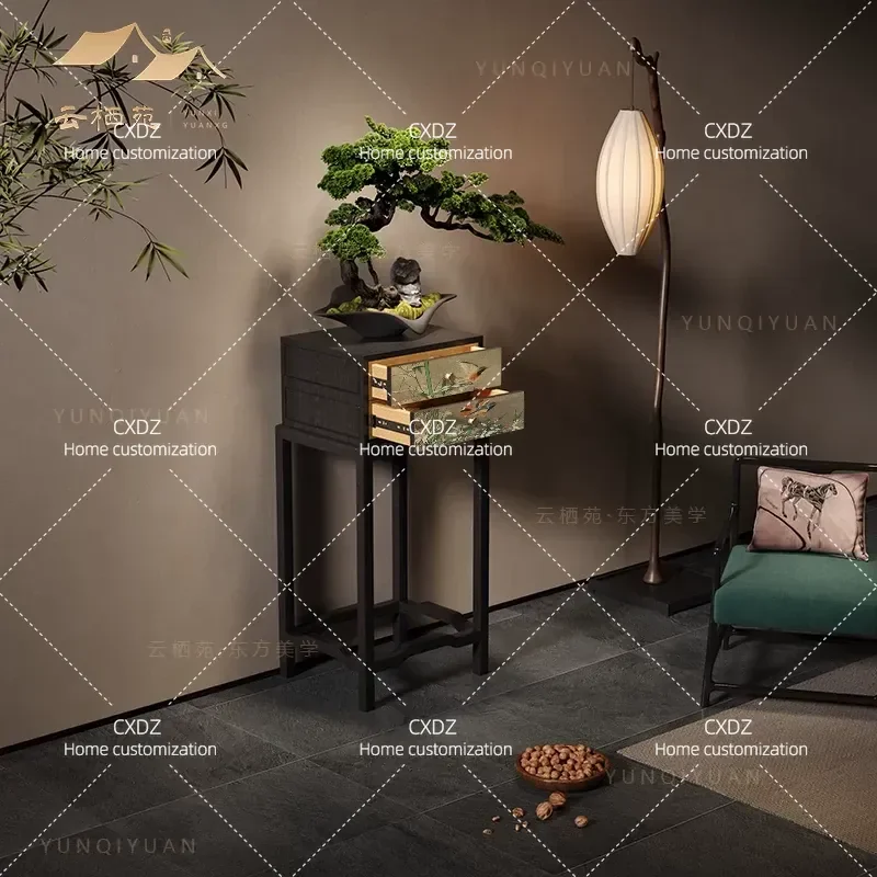 Song aesthetic solid wood floor-to-ceiling Song Huizong flower rack with drawer living room tea room flower table potted