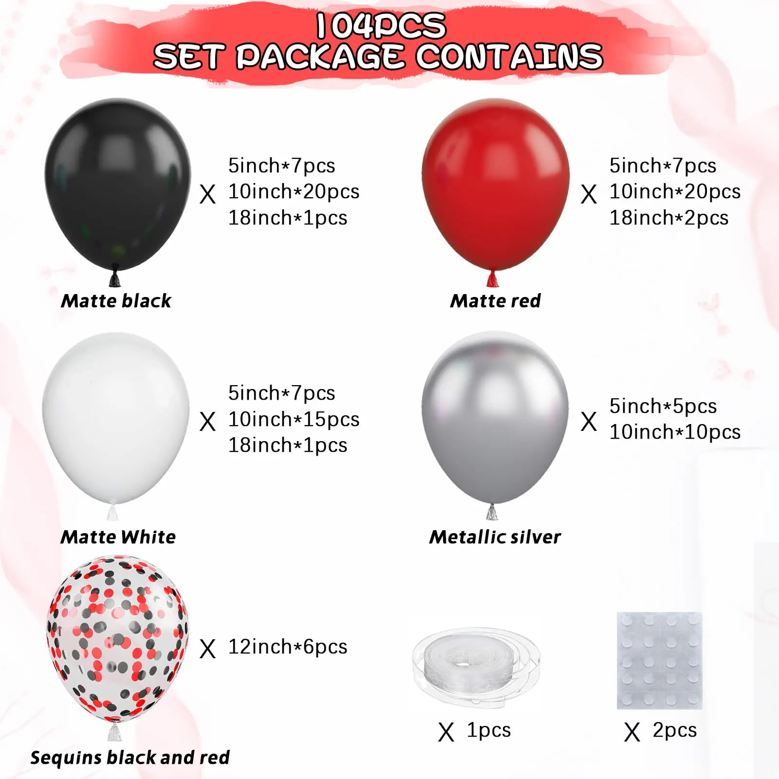 104Pcs Black Red Silver Balloons Arch Kit, for Birthday Baby Shower Wedding Graduation Party Anniversary Background Decoration