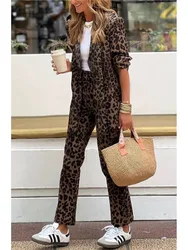 2025 New Leopard Print Two Piece Fashion Long Sleeve Lapel Collar Blazer Tops&Straight Pants Sets Women Slim Autumn Winter Suit