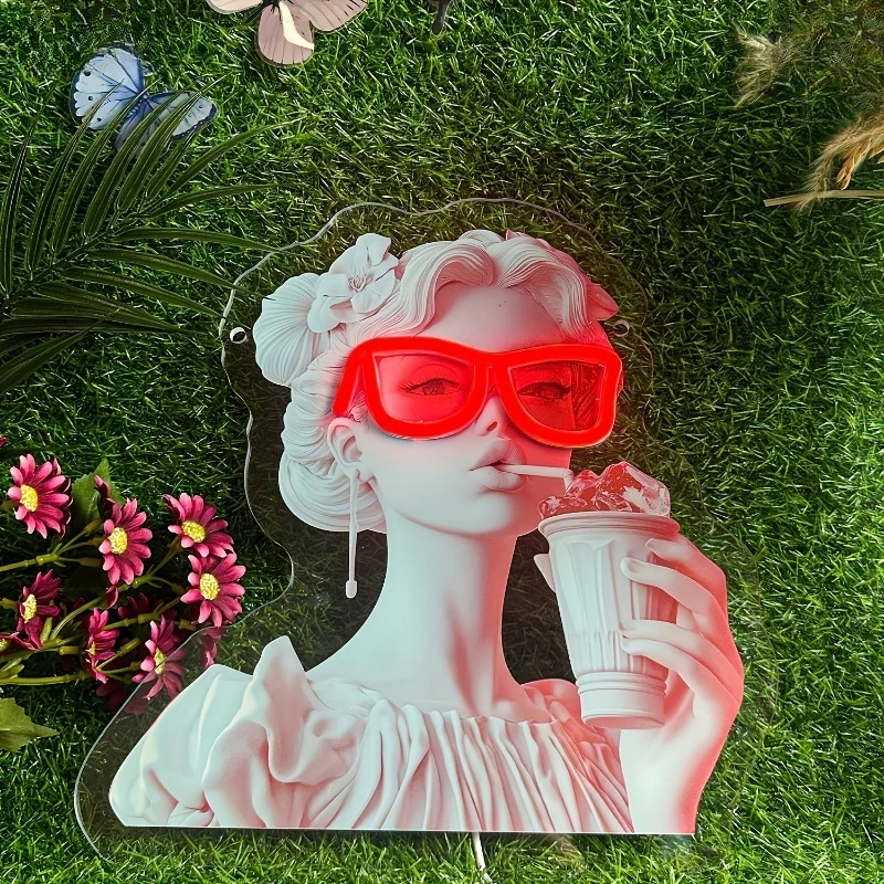 Statue Woman Neon Sign Drinking Beverage Neon Light Sign Funny Dimmable USB Powered for Bedroom Room Bar Holiday Party Pub Decor view 3