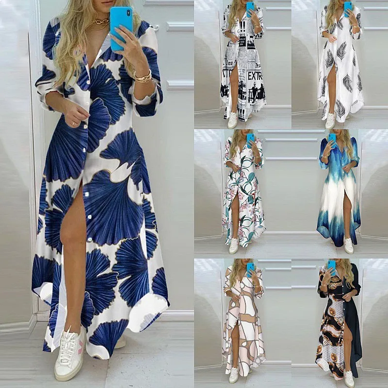 

Women's Print Dress Midi Dress Irregular Hem Shirt Dress Long Sleeve Blouse Top Spring Summer