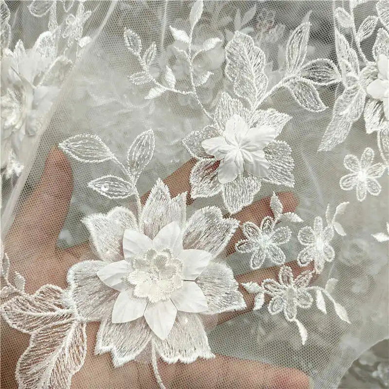 3d Lace Fabric Off White Lace Wedding Fabric 1Yard 130cm wide 3d Flower Embroidery Sewing Lace  2024 NEW