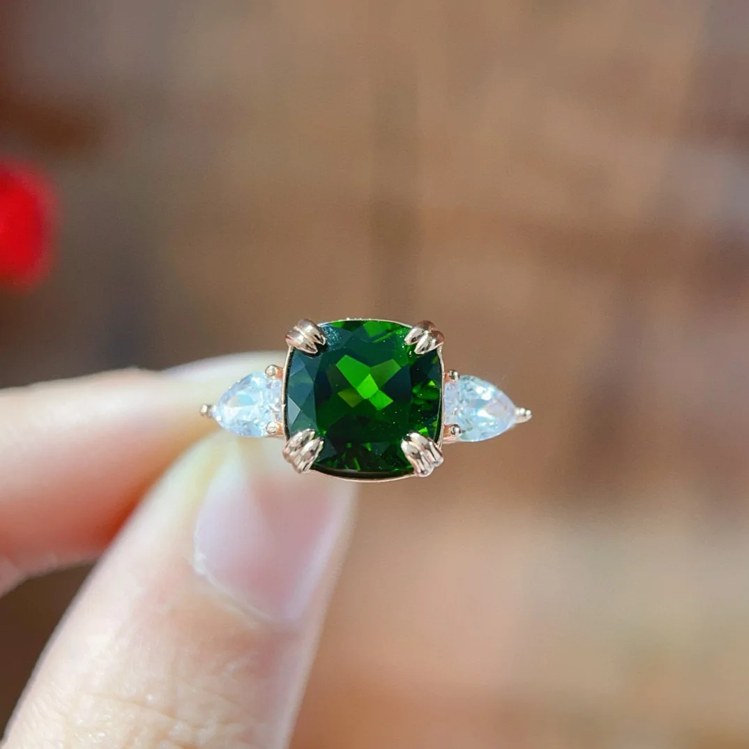 

Кольцо из натурального диопсида с покрытием из розового золота S925, зеленый драгоценный камень квадратной огранки 9x9 мм, роскошные ювелирные изделия для женщин