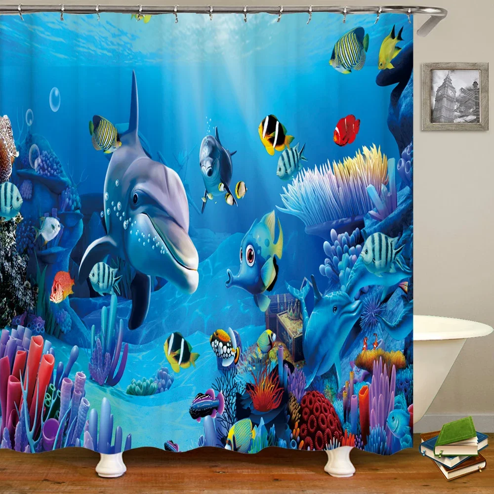 Underwater World Fish Turtle 3d Shower Curtains Ocean Dolphin Sea Scenery Fabric Waterproof Bath Curtain Bathroom Decor Screen