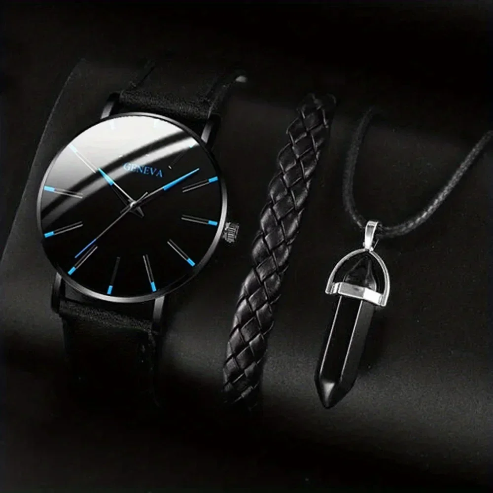 Classic Blue Needle Men's Casual Fashion Trendy Sports Braided Rope Bracelet Cool Black Necklace Wrist Watch Set