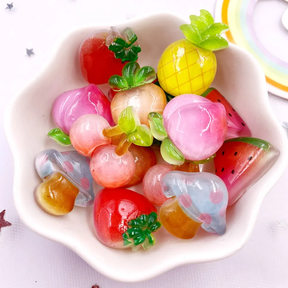 20PCS Resin Candy Color 3D Mushrooms Peaches Carrots Cherries Flatback Rhinestone Fruits Figurines DIY Scrapbook Craft DIY Decor