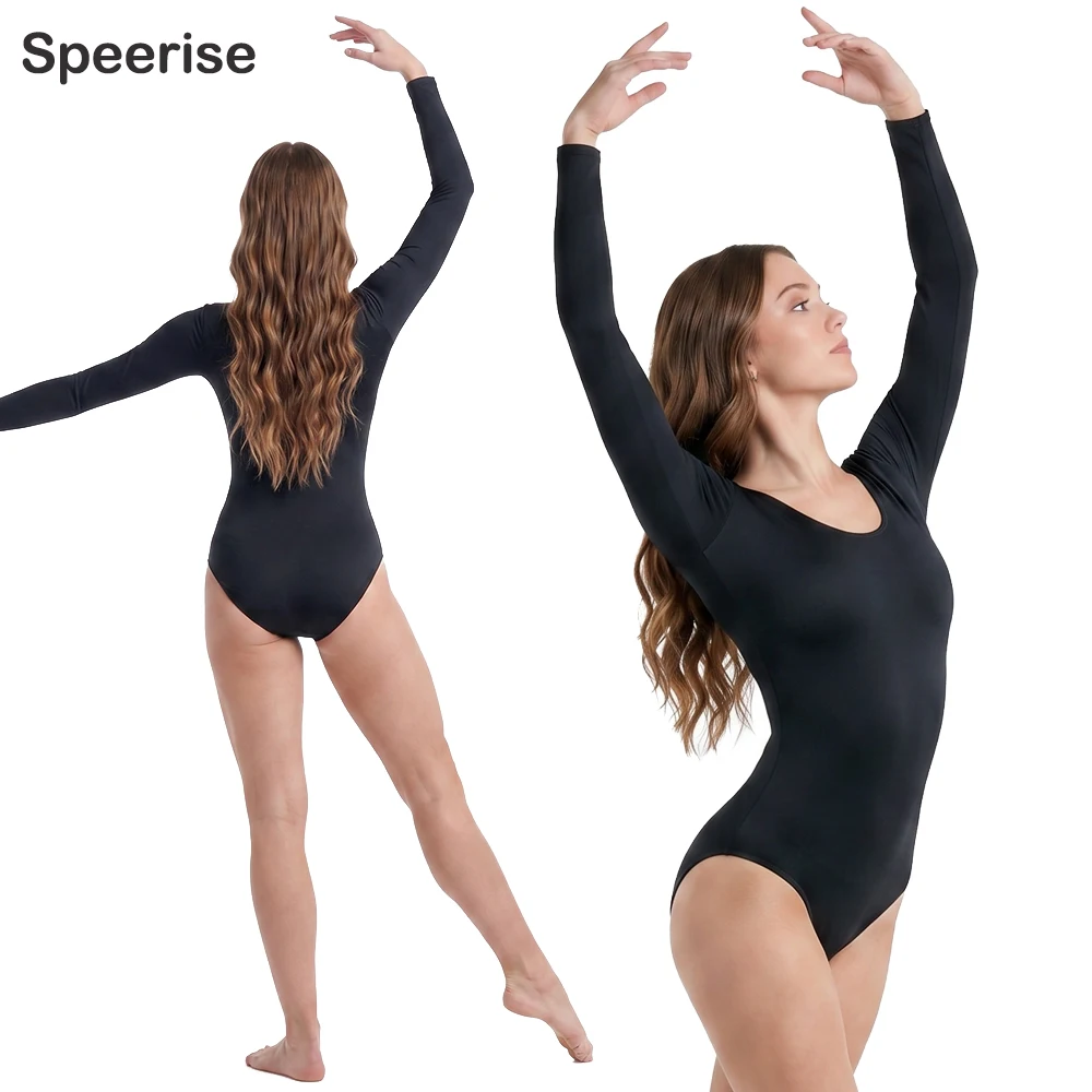 Adult Basic Long Sleeve Leotard Scoop Neck Spandex Ballet Dance Practice Clothes Gymnastics Bodysuit Leotard Bodysuit