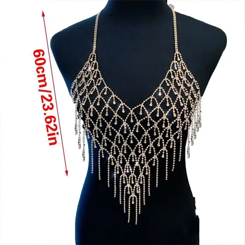 39BD Women Sexy for Rhinestone Tassel Halter Bra Diamond Chain Chest Harness Body Jew