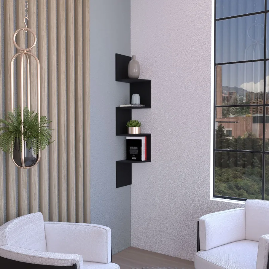 

Roy Corner Floating Shelf Modern 4Tier Display Black