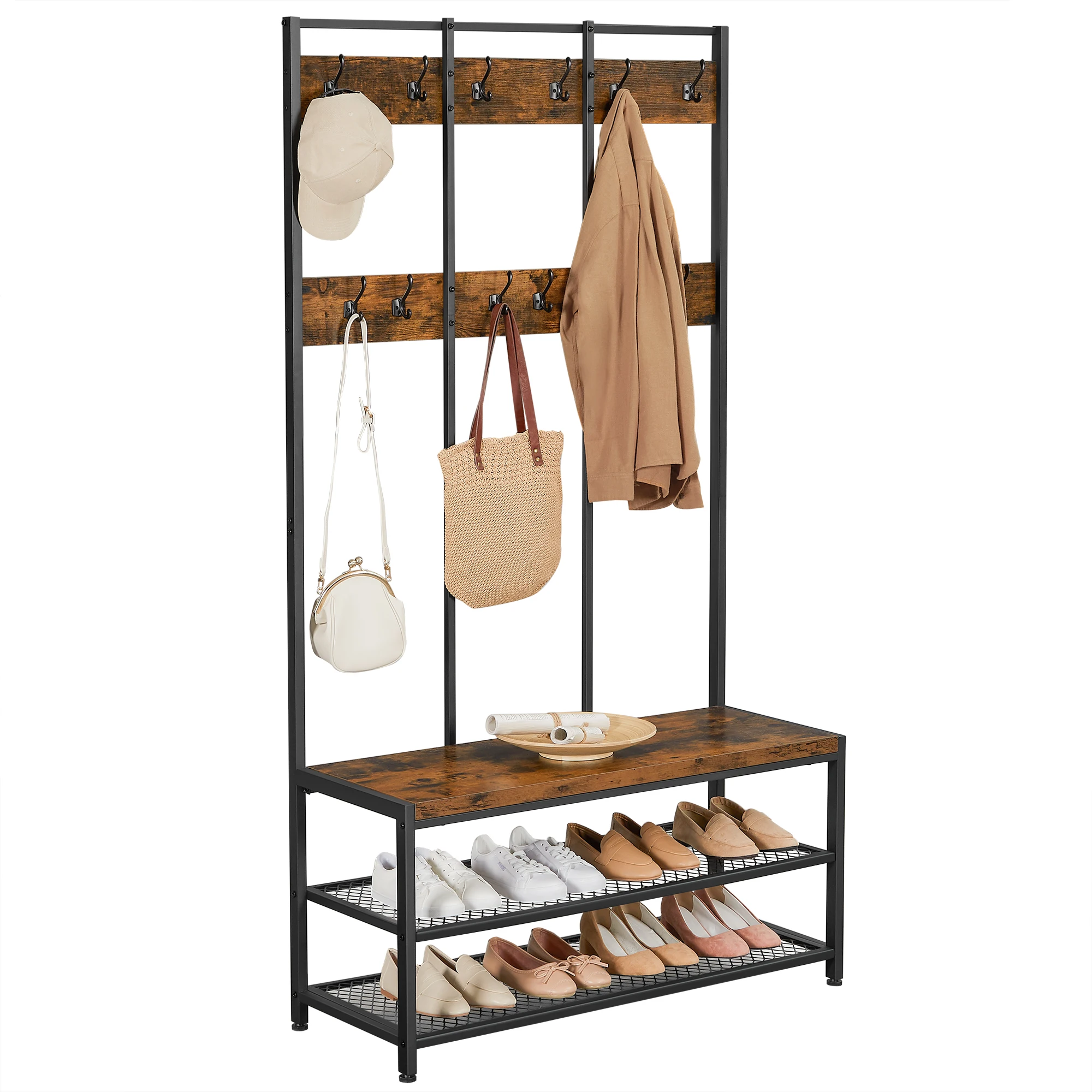 VASAGLE Large Coat Rack, Entryway Cabinet with 12 Hooks and Shoe Bench, Industrial Style Cloakroom Shelf, Office Bedroom, Steel