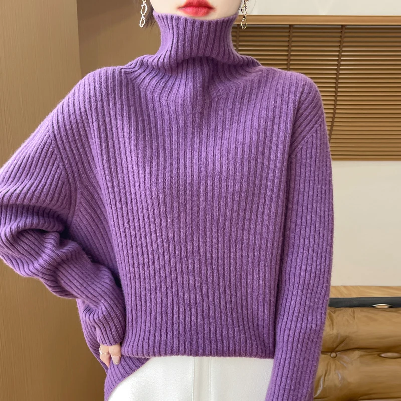 

YSC2024 Seamless Women Knitwear 100% Wool Pullover Thick&Loose Sweater Long sleeves Vertical stripe style Warm Soft Basics Tops