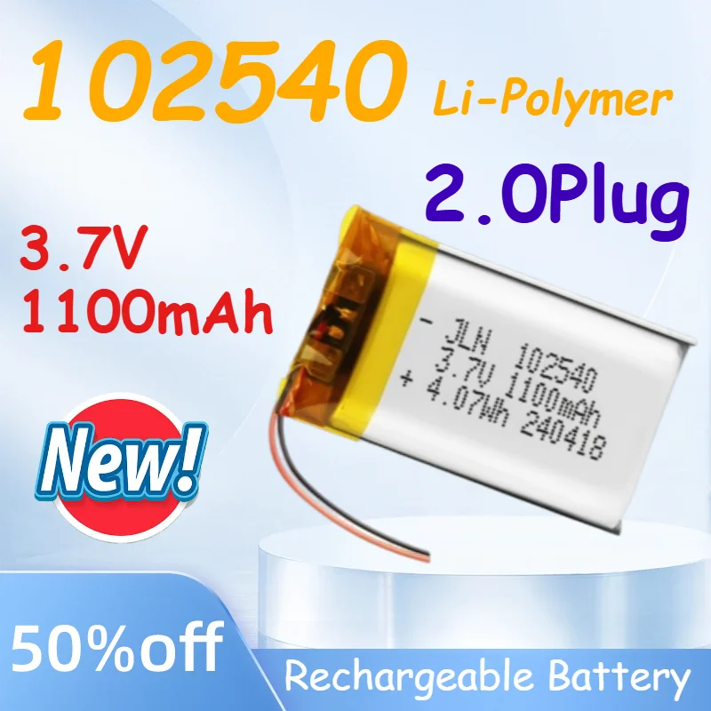 3.7V 102540 Lithium Battery 1100mAh 2.0 Plug Polymer Batteries for Gps Locator Mp3 Medical Beauty Equipment Rechargeable Cell