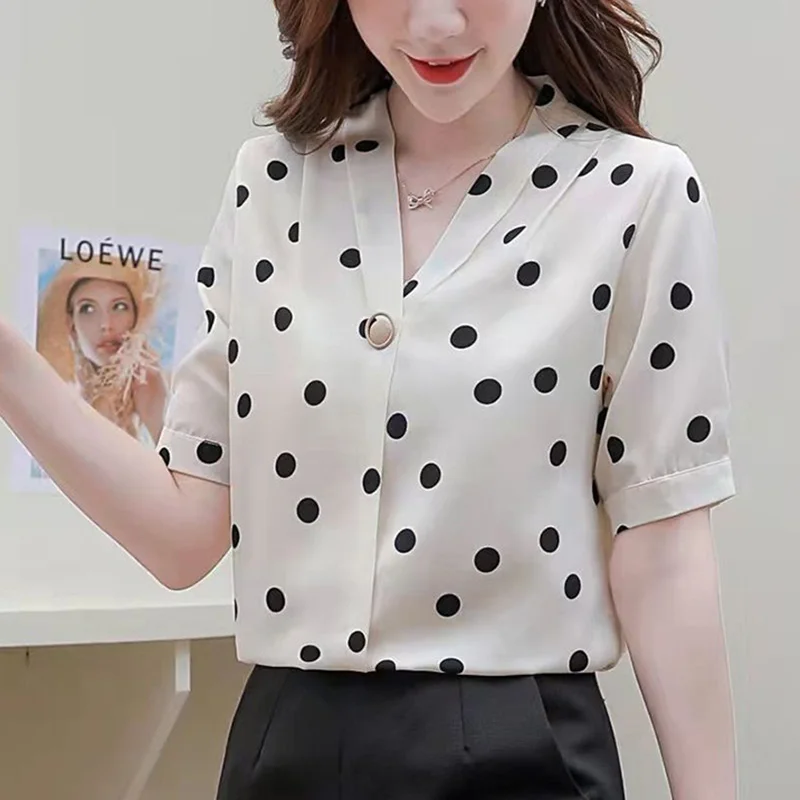 Elegant V-Neck Button Loose Folds Polka Dot Blouse Women\'s Clothing 2023 Summer New Casual Pullovers Office Lady Chiffon Shirt