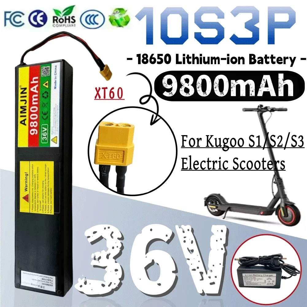 🏗️ 10S3P Lithium-Ion 36V 9800mAh Battery Pack Rechargeable Battery XT60 plug interface For KUGOO S1 S2 S3 Electric Scooters