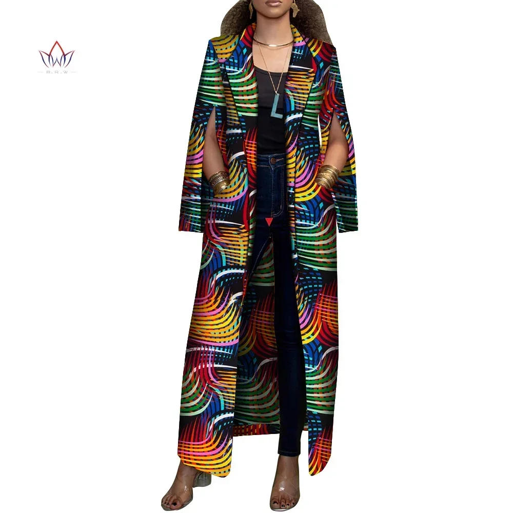 African Trench Coats for Women Autumn Winter Print Long Coat Dress with Pocket Windbreaker Jacket African Women Clothes WY3540