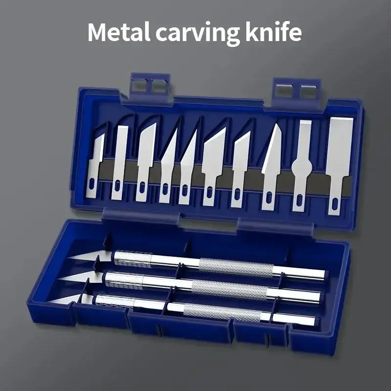13-teiliges Metall-Skalpellmesser-Set in blauer Box, inklusive 3 Schnitzgriffen und 10 Messerklingen, DIY-Werkzeug zur Reparatur von Mobiltelefonen.