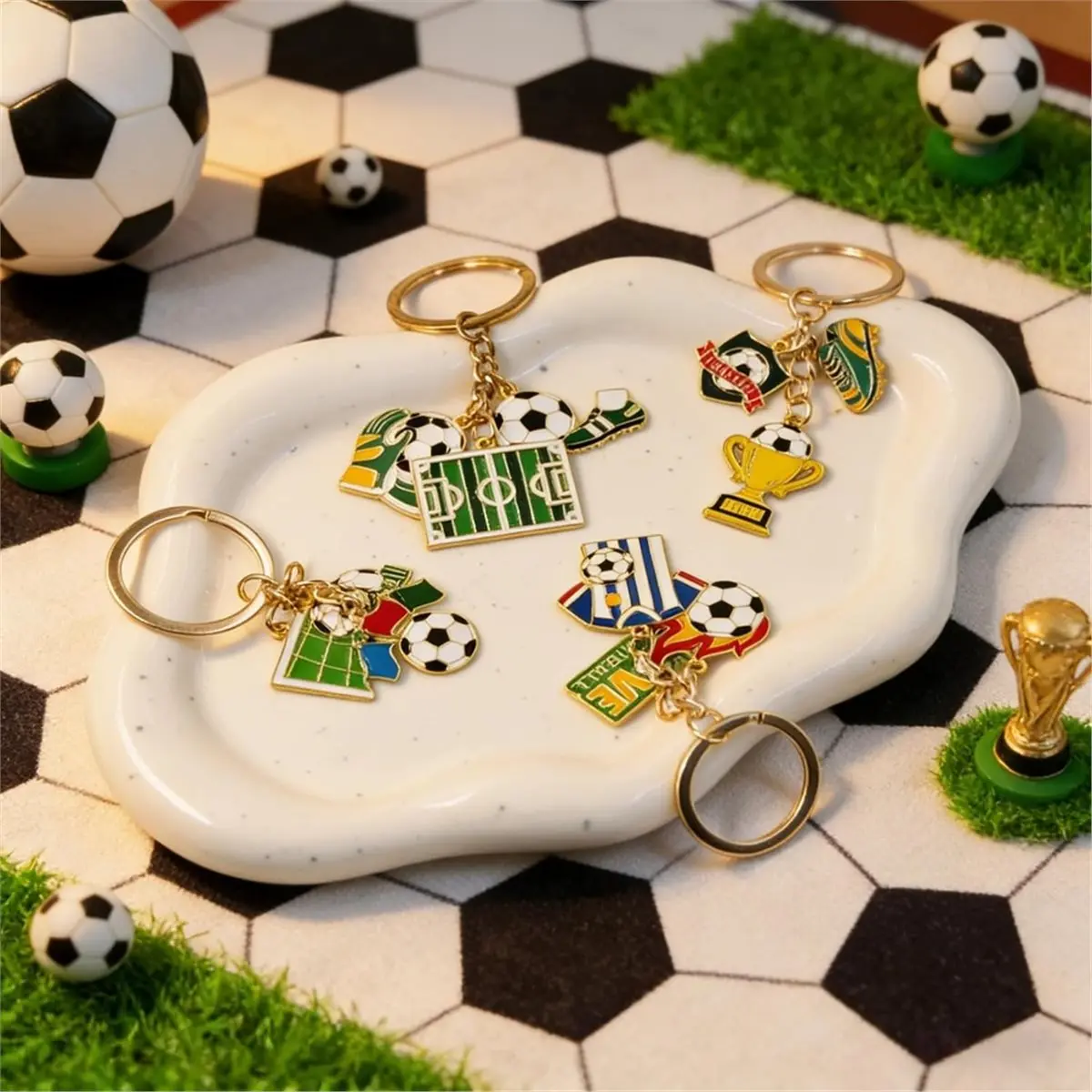 4PCS Soccer Themed Alloy Keychains,4 Designs Football Game Keyrings, for Backpack Purse Charms, Party Favor