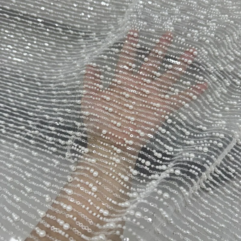 

Striped Bead Embroidery Sequin Mesh Fabric for Wedding Dress Stage Costume Design Fashion Diy Cloth Per Meter Sewing Material