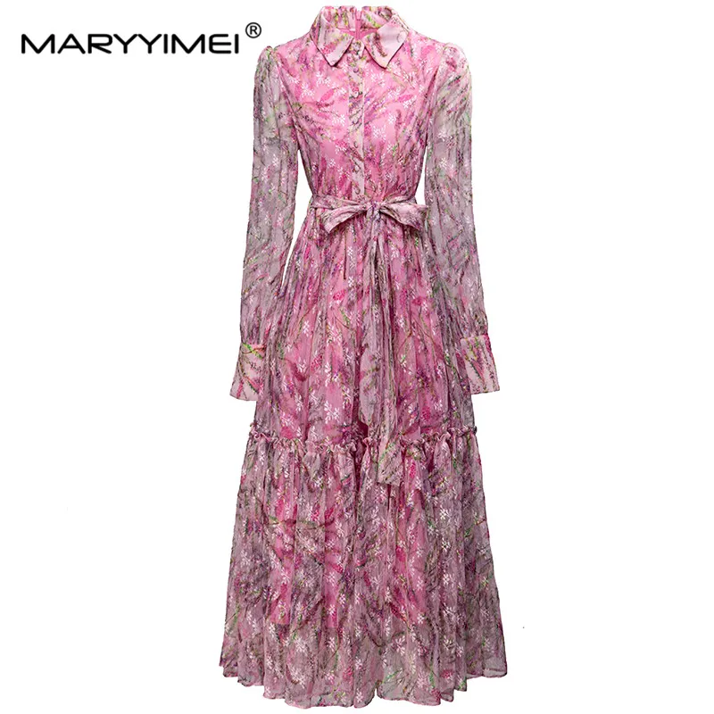

MARYYIMEI Flare Sleeve Peter Pan Collar Single Breasted Print dress Spring Autumn Lace-Up Fashion Women's Holiday Long Dresses