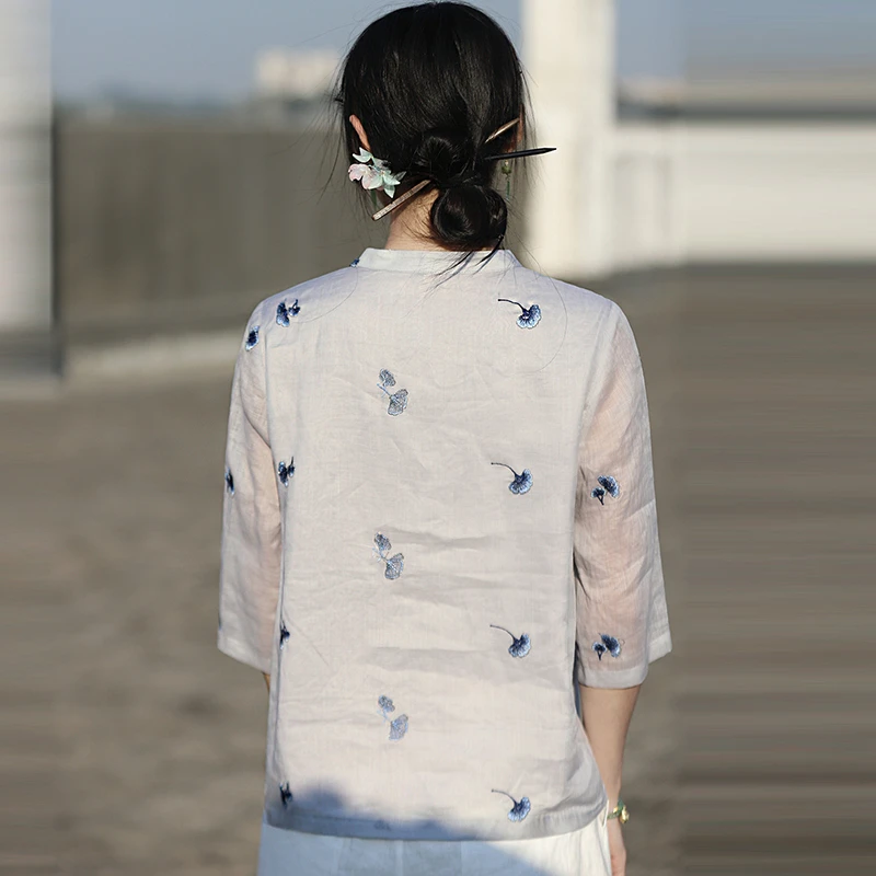 High Quality Ramie Embroidery Blouse Shirt Women New 2026 Summer Chinese Style Stand Collar Female Half Sleeve Tops Shirts M2530