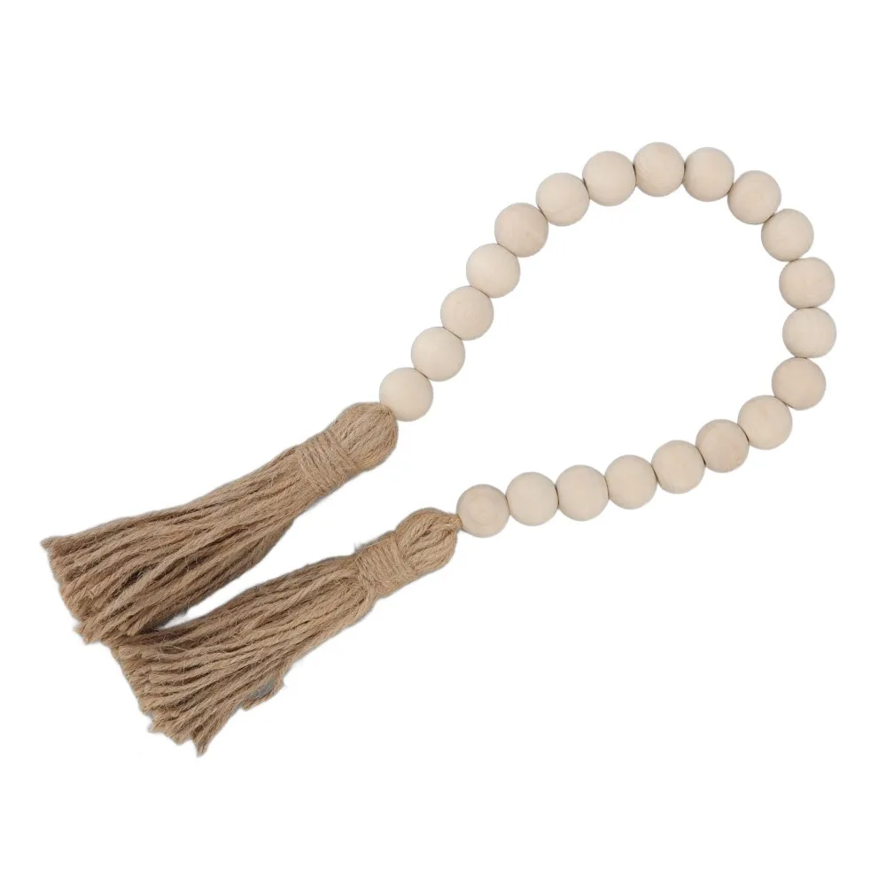 Rustic 19.69in Wood Bead Garland Beige Color Tassels Design Wall Hanging Decoration Beaded Garland Decor Farmhouse Decor