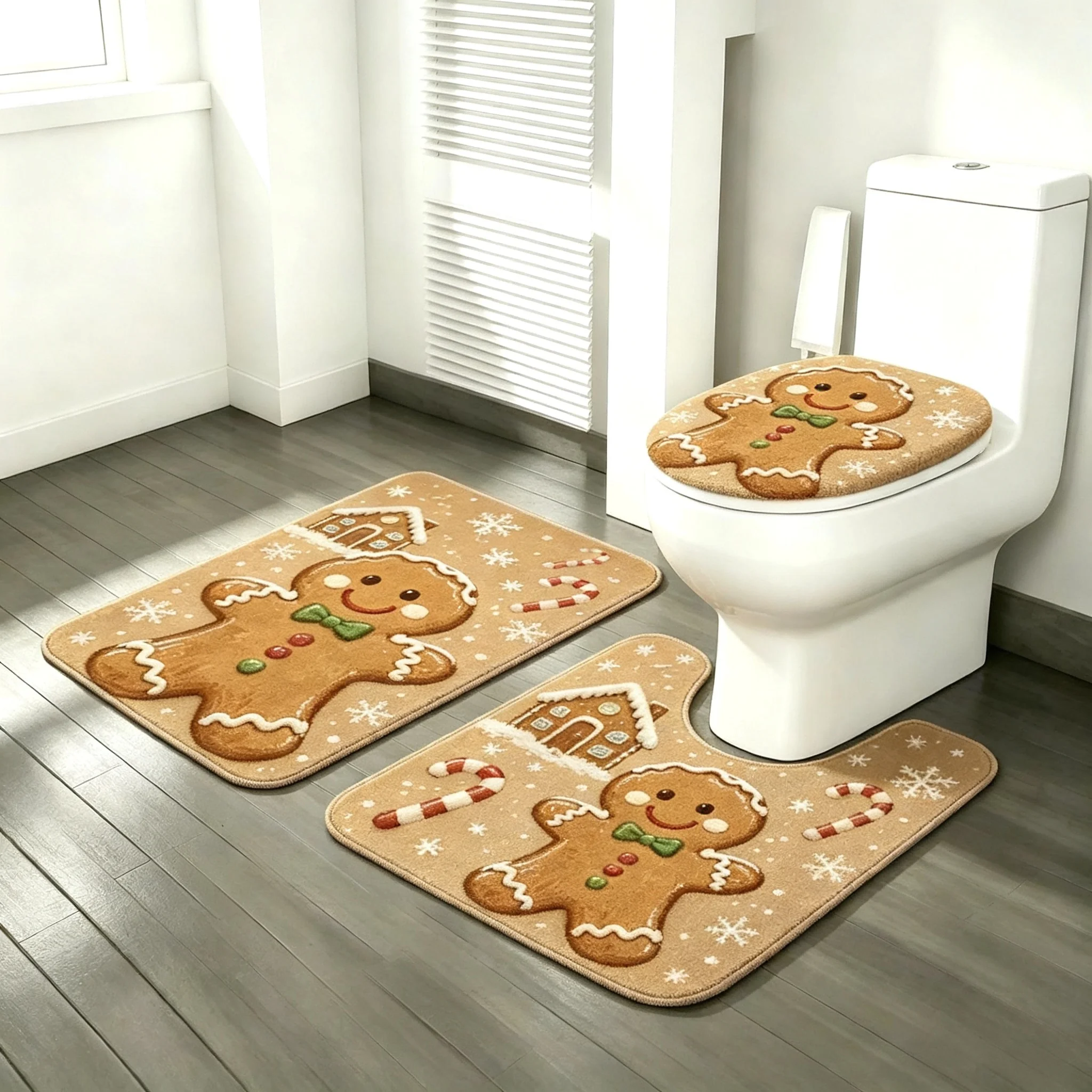 Cute Gingerbread Christmas Bathroom Rug Set, Non Slip Bath Mats for Holiday Decor