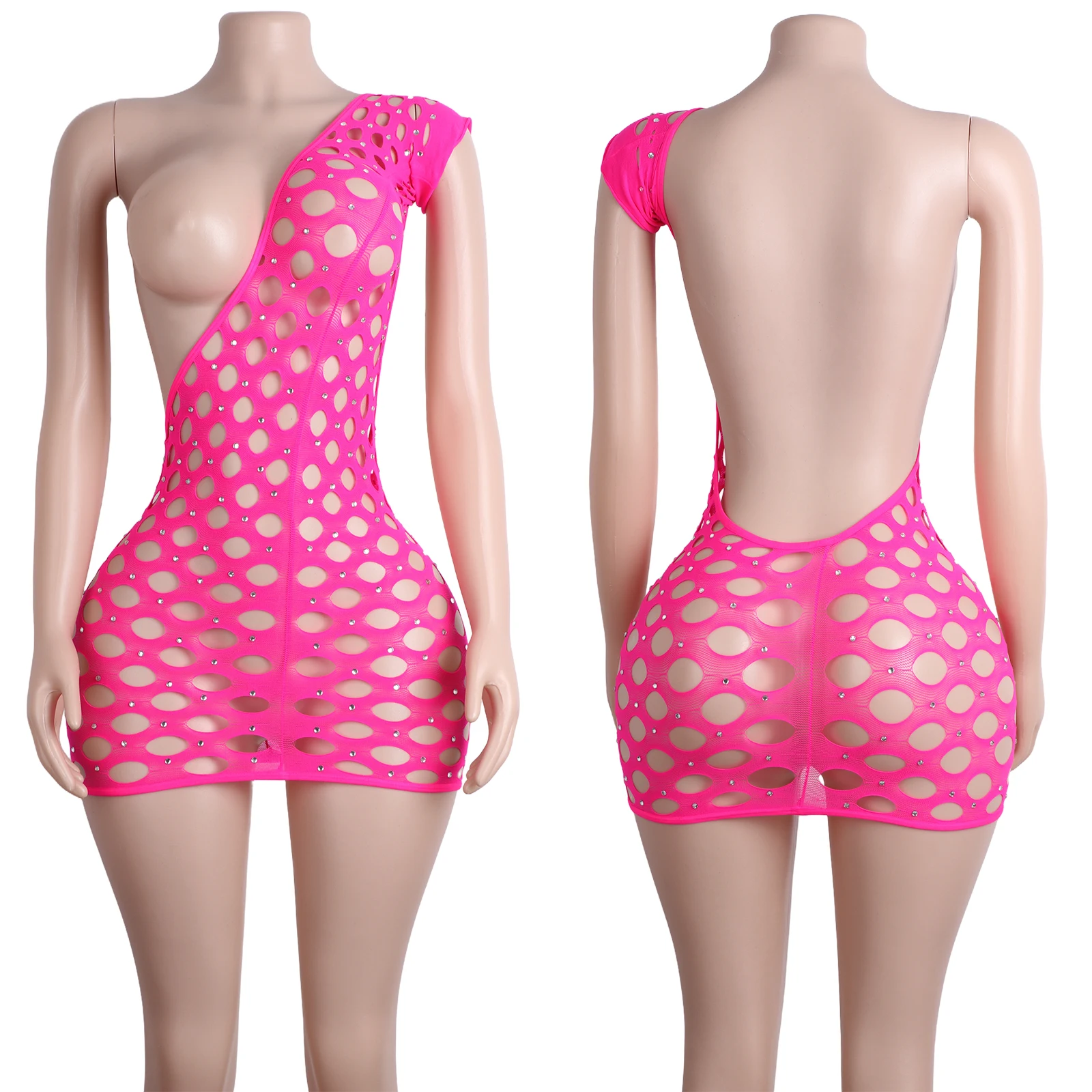 Bodysuit Crystal Mesh Asymmetric Dress Club Performance Stripper Costume One-Piece Adults Outfit One-Shoulder Exotic Dancewear