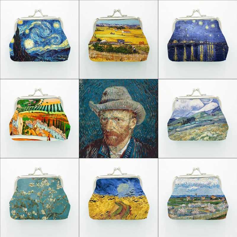 Fashion Van Gogh Oil Painting Pattern Coin Purse Women Vintage Buckle Small Leather Wallet The Starry Night  Female Car Key Bag